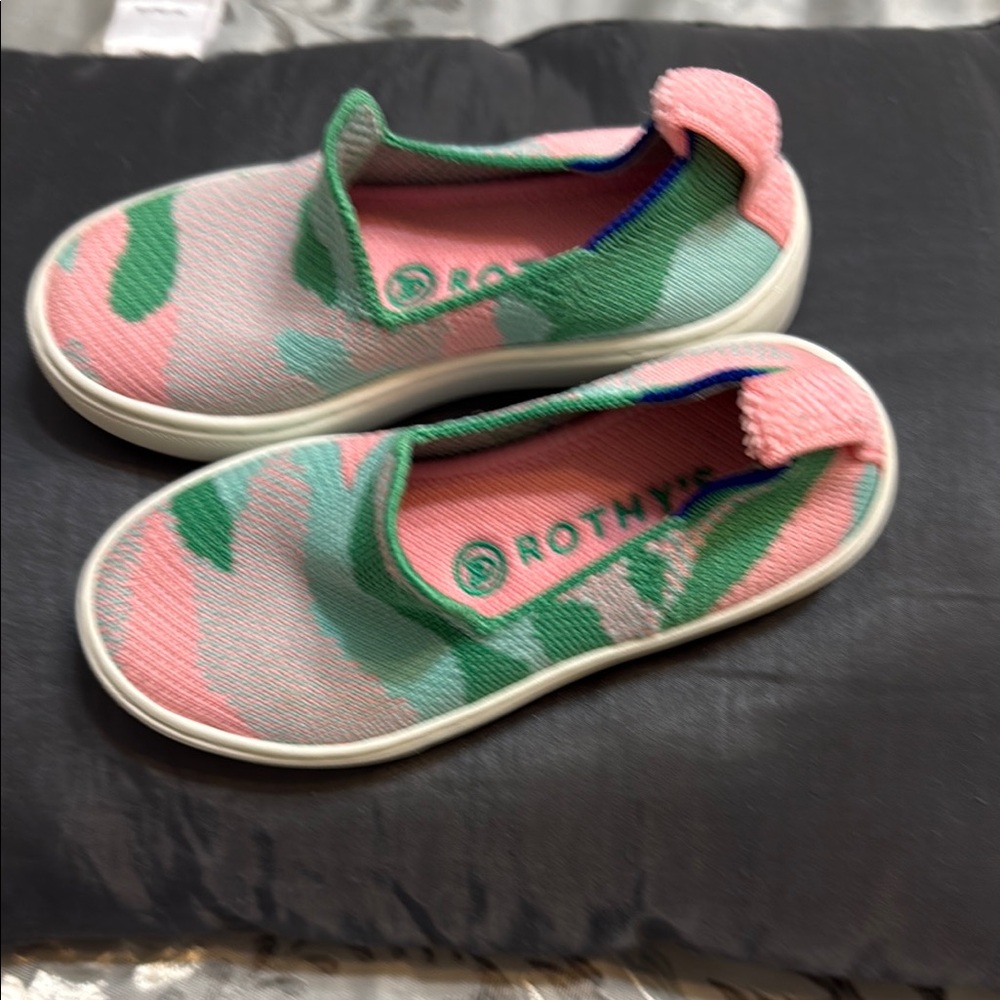 Rothy's Pink and Green Sneakers with Elastic Slip-On Design